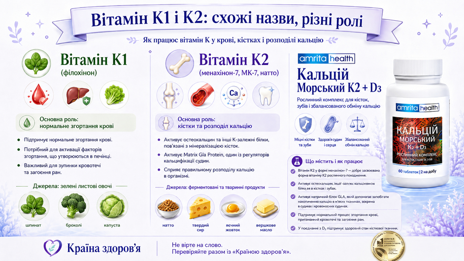 Вітамін K1 і K2 — схожі назви, різні ролі