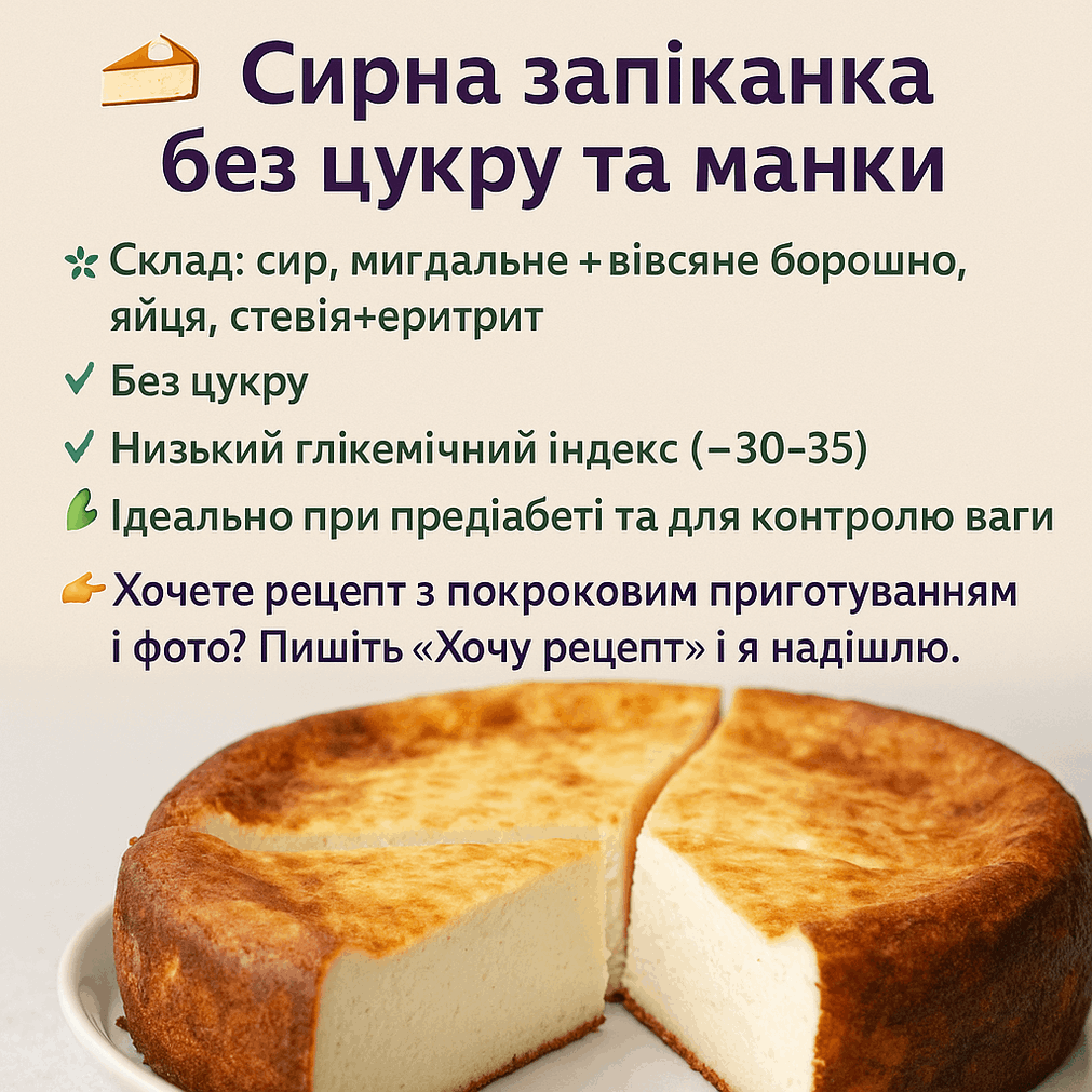Сирна запіканка без цукру та манки: мигдальне та вівсяне борошно, стевія+еритрит